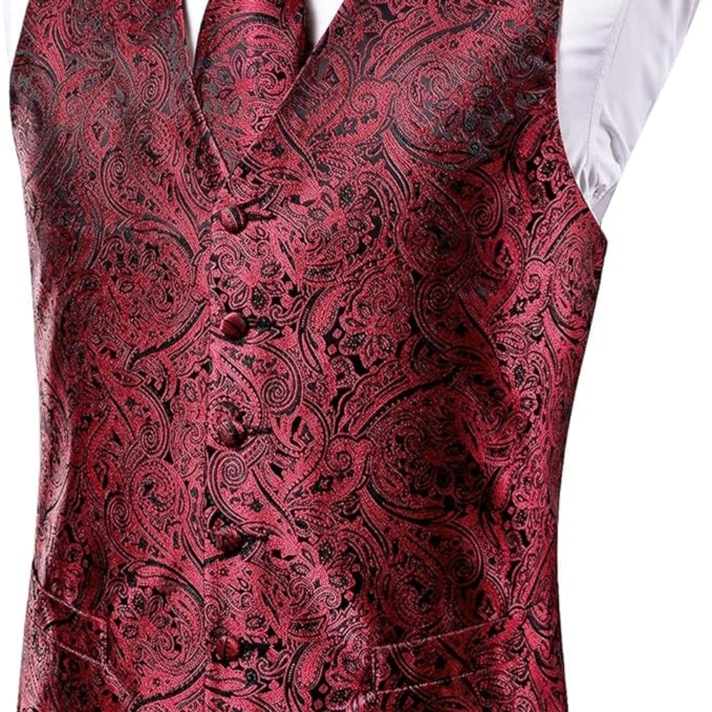 Hi-Tie Silk Mens Suit Vest Elegant Red Paisley Vest and Tie Set